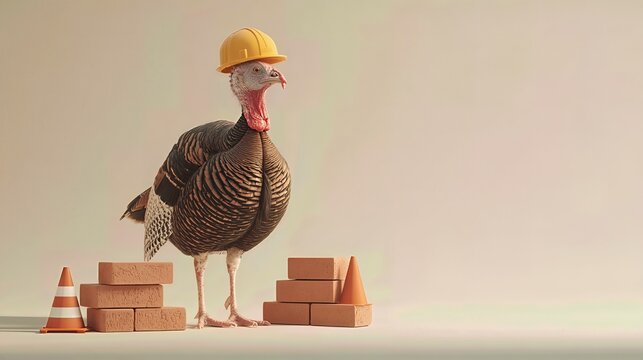 Funny concept image of a turkey wearing a construction helmet, surrounded by bricks and traffic cones. Thanksgiving meets construction industry. Ample copy space on beige background
