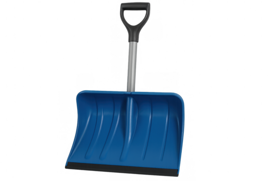 Blue plastic snow shovel featuring sturdy metal handle, clearing winter snow against transparent backdrop