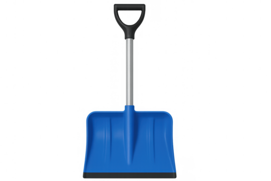 Blue-bladed snow shovel with black metal handle, professional winter cleaning tool against transparent background
