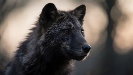 A close-up portrait of a black wolf with a blurred natural background, showcasing its detailed fur and alert expression.