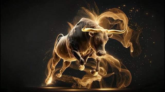 Cinematic 3D animation of a powerful bull formed from glowing golden particles, set against a dark background. The camera slowly pans around the figure, emphasizing energy, strength, and movement. 