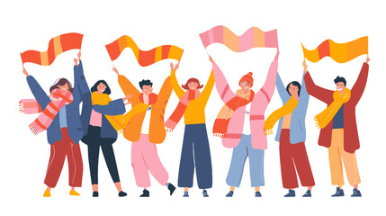 Illustration of a group of people cheerfully waving their scarves.