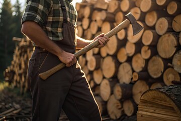 Individual stands in front of stacked logs with axe in hand, embodying rustic strength, tradition, and hands-on craftsmanship outdoors
