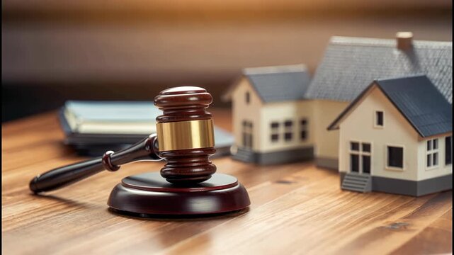 Slow panning shot of a judge's gavel resting on a wooden table with blurred model houses in the background. The scene symbolizes legal action related to property, such as forced sales, foreclosures.