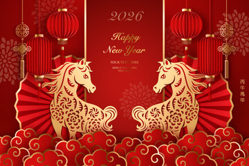 Happy Chinese new year golden red relief horse traditional lantern spiral cloud and folding fan. Chinese translation : New year of horse