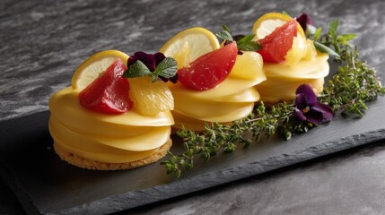 Deconstructed Lemon Tart with Gel, Crumble, and Citrus Segments on Slate Plate in Cool Studio Lighting - Wide Shot with Selective Focus and Depth Composition