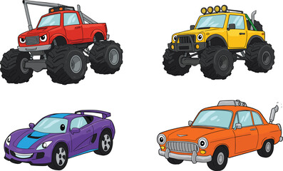 Cartoon monster trucks, classic car, sports car, yellow jeep, fun vehicle illustration, off-road cars, animated transport, kids vehicle art © rayhan039