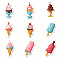 Vector Stickers of Ice Cream Cones, Popsicles and Sundaes ? Flat Cartoon Dessert Icons (3).eps