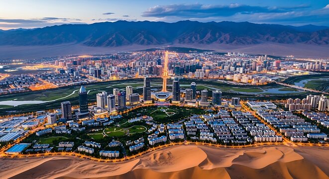 Panoramic aerial view of Ordos, a modern city in Inner Mongolia, China against mountain range at