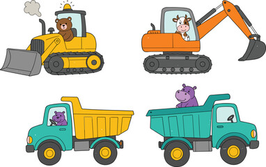 Cute animals driving construction vehicles, bulldozer with bear, excavator with cow, dump trucks with hippos, cartoon transport for kids, illustration