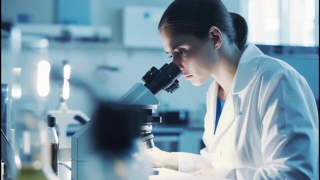 Slow pan across a focused researcher using a modern microscope in a high-tech laboratory. The scene conveys themes of medical research, healthcare technology, and scientific innovation. 