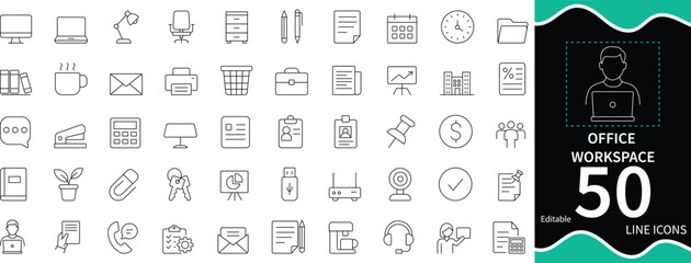  Office workspace icon set in clean line style. Includes icons for remote work, co working, meetings, computer, desk, business, and more. Perfect for office apps, websites, and team platforms.