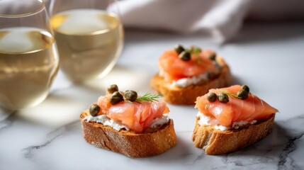 Elegant Brunch Delight: Smoked Salmon, Cream Cheese, Capers, and Sparkling Wine in Morning Light with Shallow Depth of Field on White Background