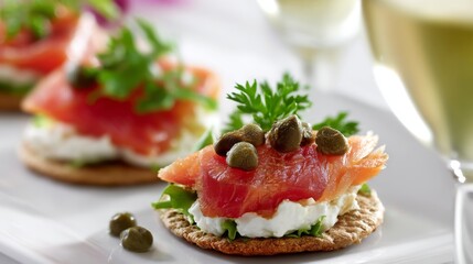 Elegant Brunch Pairing: Smoked Salmon, Cream Cheese & Capers with Sparkling Wine in Morning Light on White Background