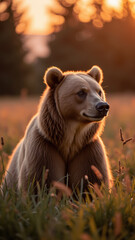 Fototapeta premium Majestic bear sits gracefully in sunlit meadow, surrounded by tall grass and wildflowers, exuding sense of calm and tranquility