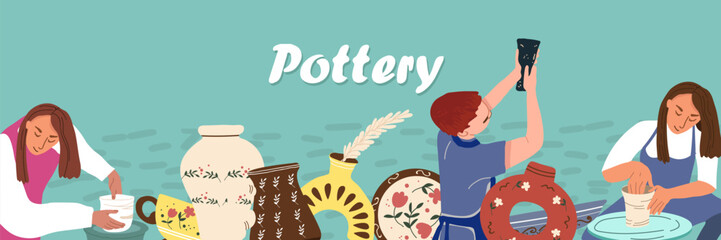 Seamless border, background, potter, hand drawn art, vector illustration.