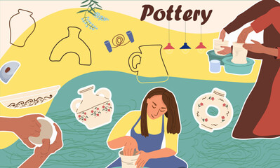 Pottery collage. Hand drawn vector illustration.