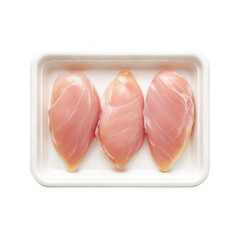 Three raw boneless skinless chicken breasts in a white styrofoam tray isolated on transparent background