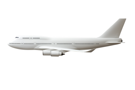 Large white passenger airplane flying, isolated on transparent background, perfect for travel and aviation projects