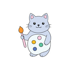 Kawaii Cartoon Cat Painting on a Color Plate Vector
