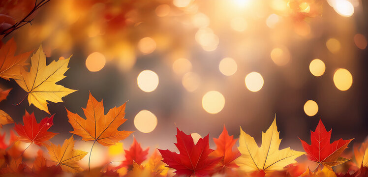 Beautiful maple leaves in autumn sunny day in foreground