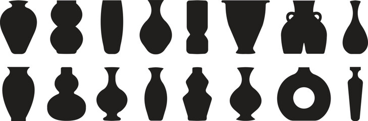 Vase silhouette icon set in flat styles, collection of black pottery and ceramic vessel shapes, decorative flower vase vectors illustrations for home decoration, antique art or designs elements.