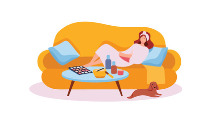 Woman relaxing on a yellow sofa with a dog and makeup on a table in a cozy home environment scene