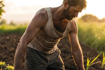 Man in dirty sleeveless shirt working with bare arms in green field, surrounded by soil and vegetation, reflecting rural effort and realism