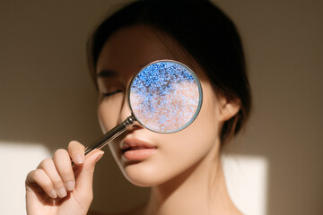 woman holding a magnifying glasses with glowing blue lights up to her eye