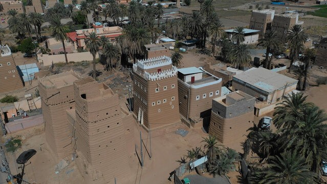 Aerial view of an old village with traditional mud houses, Najran Province, Najran, Saudi Arabia
