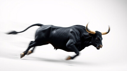 A close-up of a powerful bull with intense gaze and horns, surrounded by mist.