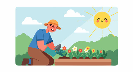 Vector SVG Illustration of Happy Gardener Planting Flowers in Flat Modern Style with Bright Colors for Web and Digital Media