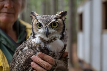 A person holding a majestic owl in a forest, showcasing wildlife conservation efforts in nature