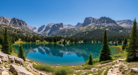 Fototapeta premium Scenic mountain lake with reflections and evergreen trees under clear blue sky landscape