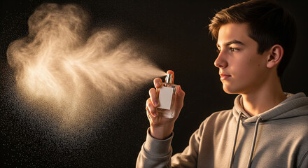 Young man spraying luxurious perfume with confidence against a dark backdrop for freshness and scent