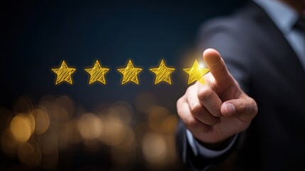 A person in a suit is selecting the fifth golden star from a row of five glowing stars against a blurred dark background.
