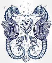 Vector seahorse with heart line art.