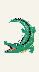 Fototapeta premium Playful green alligator with open mouth and detailed scales illustration on light cream background
