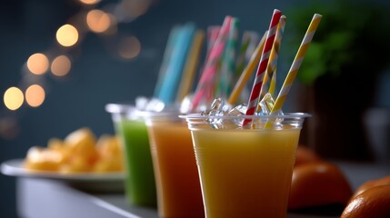 Refreshing Fruit Juices in Stylish Cups - Cinematic POV Shot with Vivid Lighting and Shallow Depth of Field Flat Lay