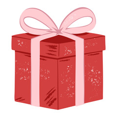Red gift with pink bow. Hand drawn present with texture. Cozy winter holiday element for festive design