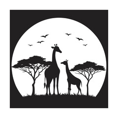 Fototapeta premium Giraffes At Sunset With Flying Birds Silhouette