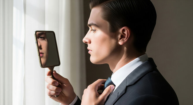 Sharp dressed man adjusting his tie looking in hand mirror with elegant suit before interview