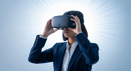Professional woman exploring virtual reality with headset offering immersive experience and futuristic innovation