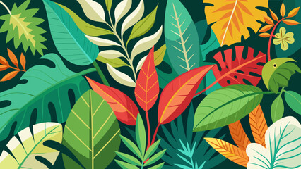 Fototapeta premium Vector art of a colorful arrangement of diverse tropical leaves, featuring vibrant reds, oranges, and greens