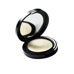 Open compact makeup powder with mirror reflecting light isolated on transparent background
