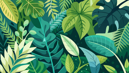 Vector art of an abundance of lush green tropical leaves creates a dense and vibrant jungle background