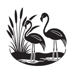 Flamingos Standing In Water Reeds Silhouette