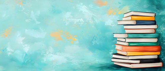 A colorful stack of books on the right against a textured blue and orange abstract background.