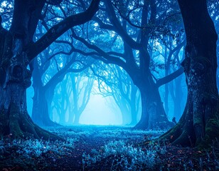 Mystical Blue Forest with Glowing Fog &ndash; Enchanted Night Scene