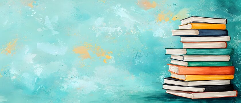 A colorful stack of books on the right against a textured blue and orange abstract background.